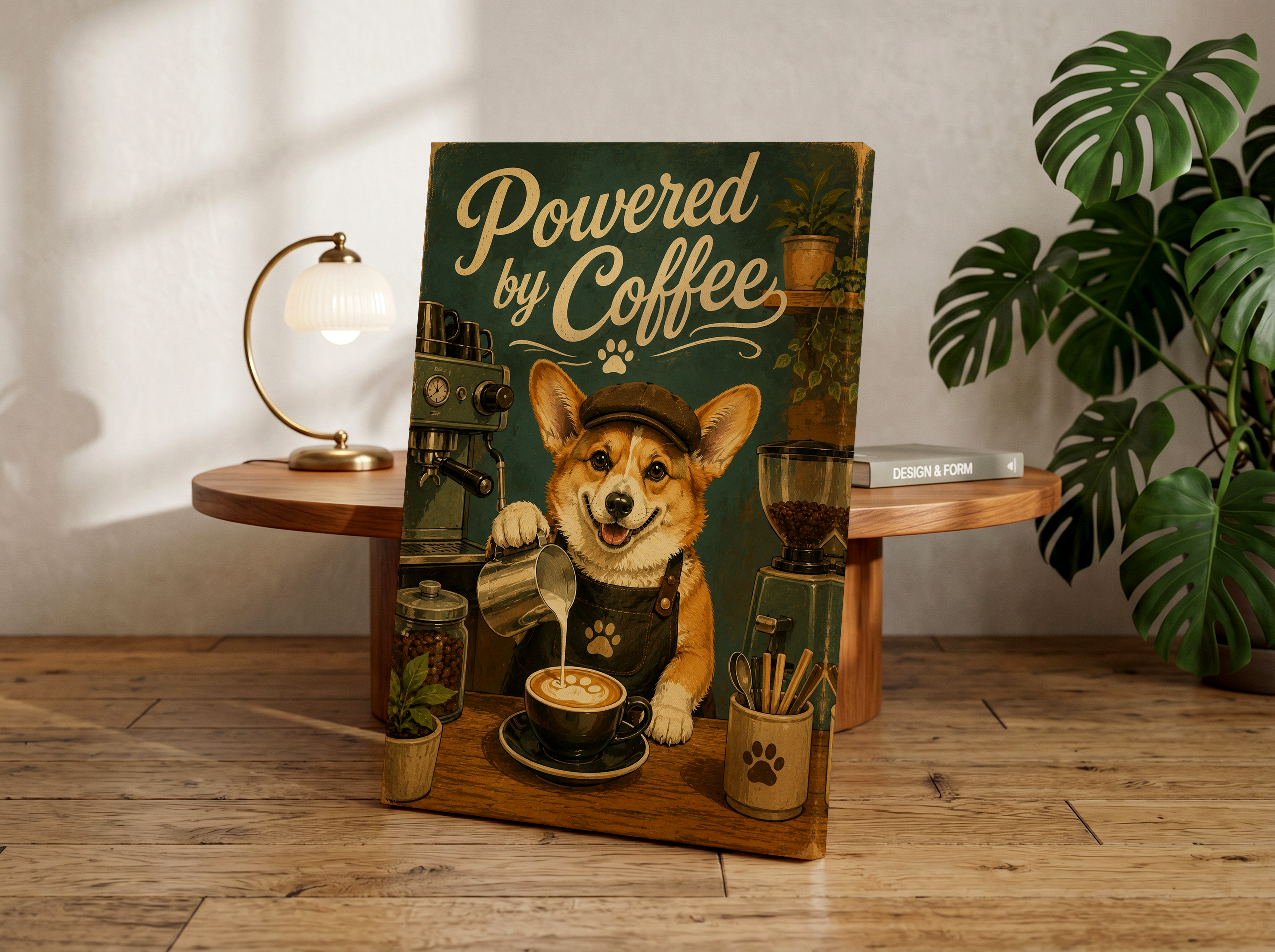 Powered by Coffee Corgi Poster, Funny Coffee Bar Wall Art, Corgi Barista Print, Retro Coffee Shop Decor, Cute Dog Kitchen Artwork