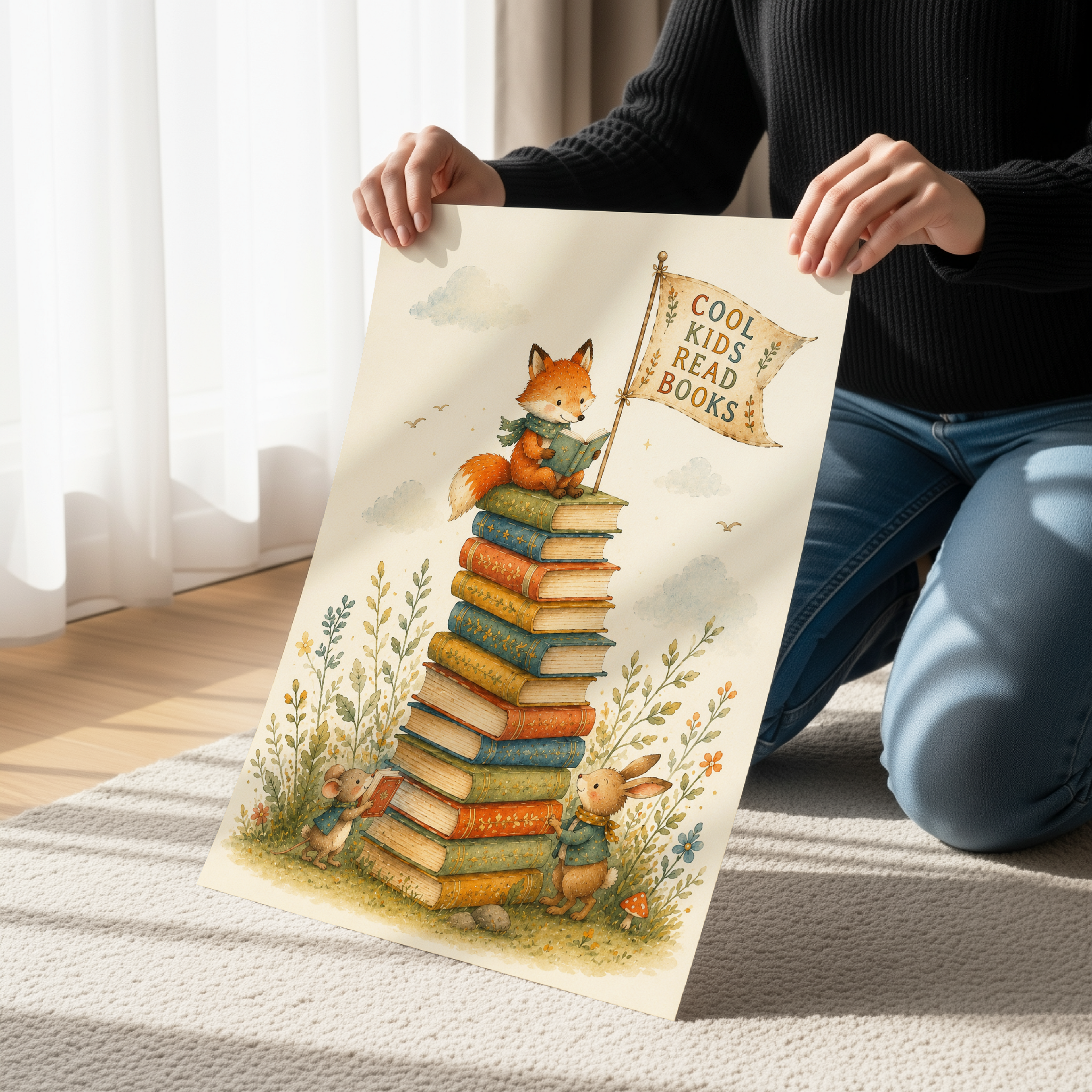 Cool Kids Read Books Fox Poster | Woodland Reading Wall Art | Storybook Nursery Decor | Book Stack Adventure Print | Reading Corner Art