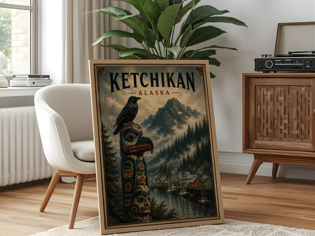 Ketchikan Alaska Totem Pole Poster | Vintage Alaska Coastal Wall Art Canvas Print
