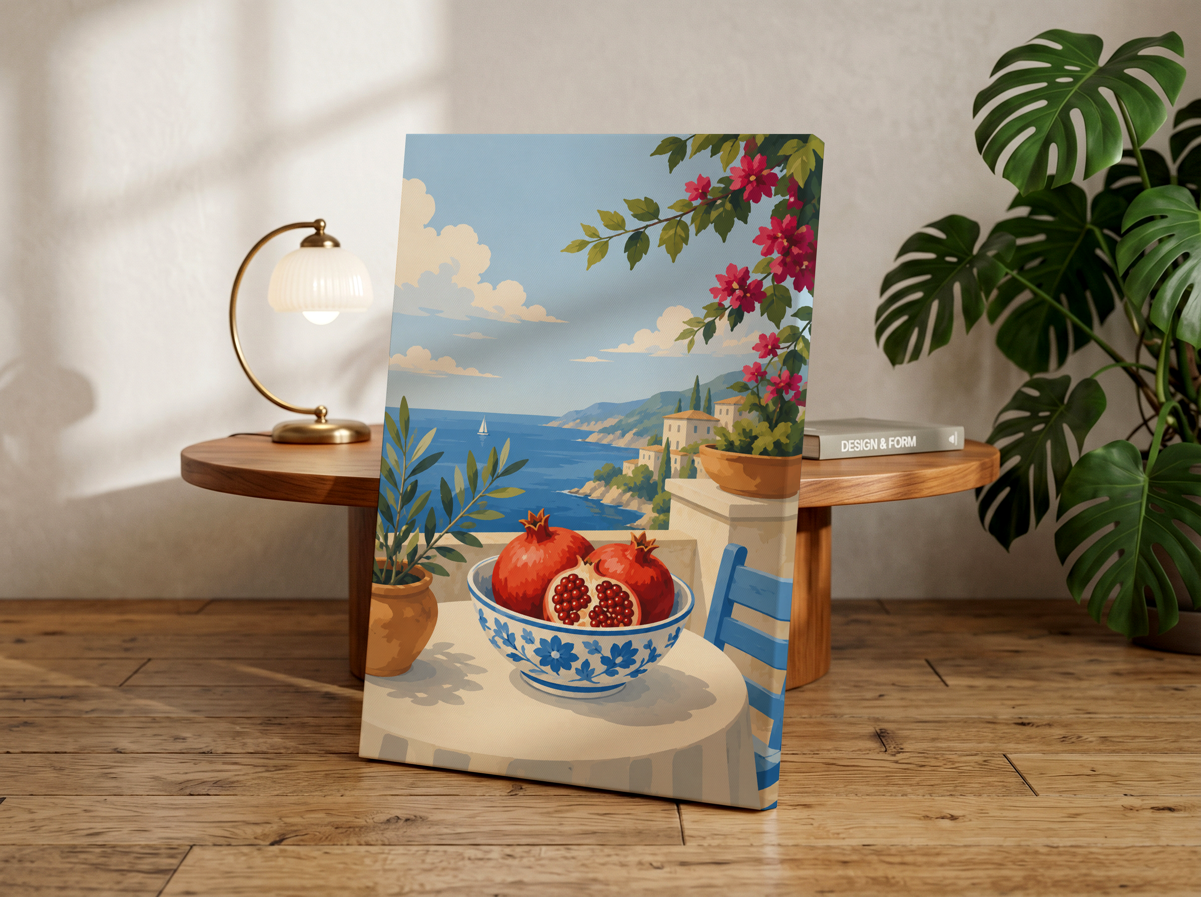 Mediterranean Terrace Pomegranate Wall Art, Coastal Italian Fruit Print, Amalfi Coast Inspired Decor, Pomegranate Art, Mediterranean Kitchen Artwork