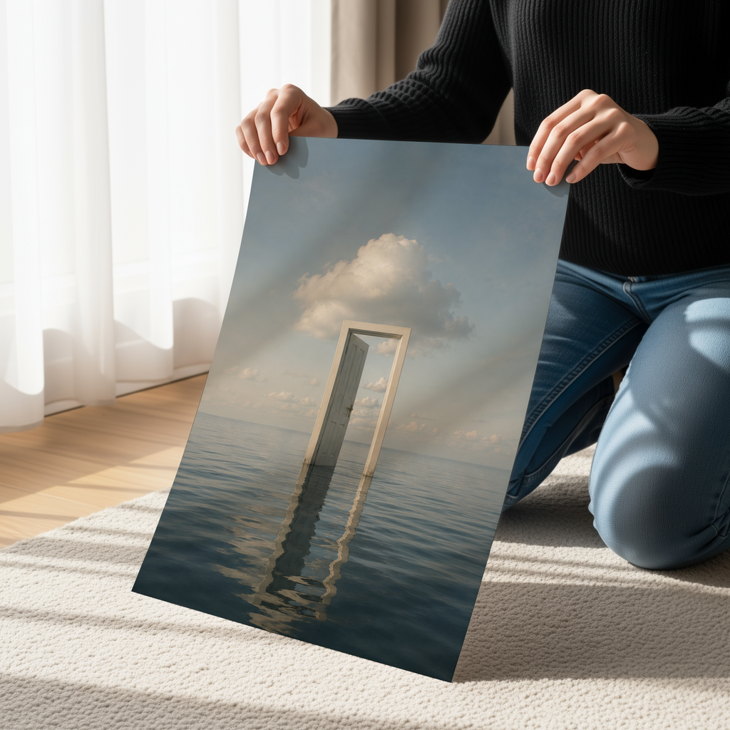 Minimalist Surreal Ocean Door Print | Dreamlike Coastal Wall Art Poster