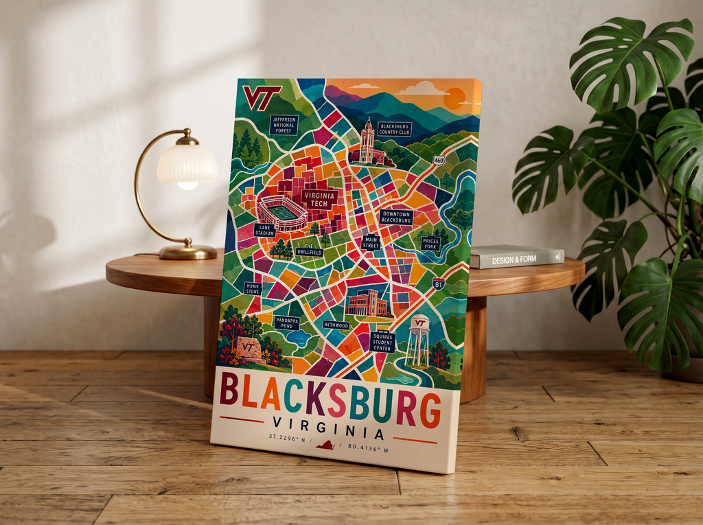 Blacksburg Map Print | Virginia Tech Wall Art | Blacksburg Virginia Map Poster | VT Campus Decor | Colorful College Town Map
