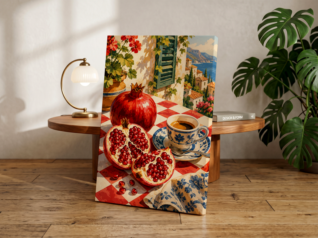 Pomegranate Breakfast Wall Art, Mediterranean Kitchen Print, Italian Coffee and Pomegranate Decor, Amalfi Coast Inspired Artwork, Coastal Fruit Illustration