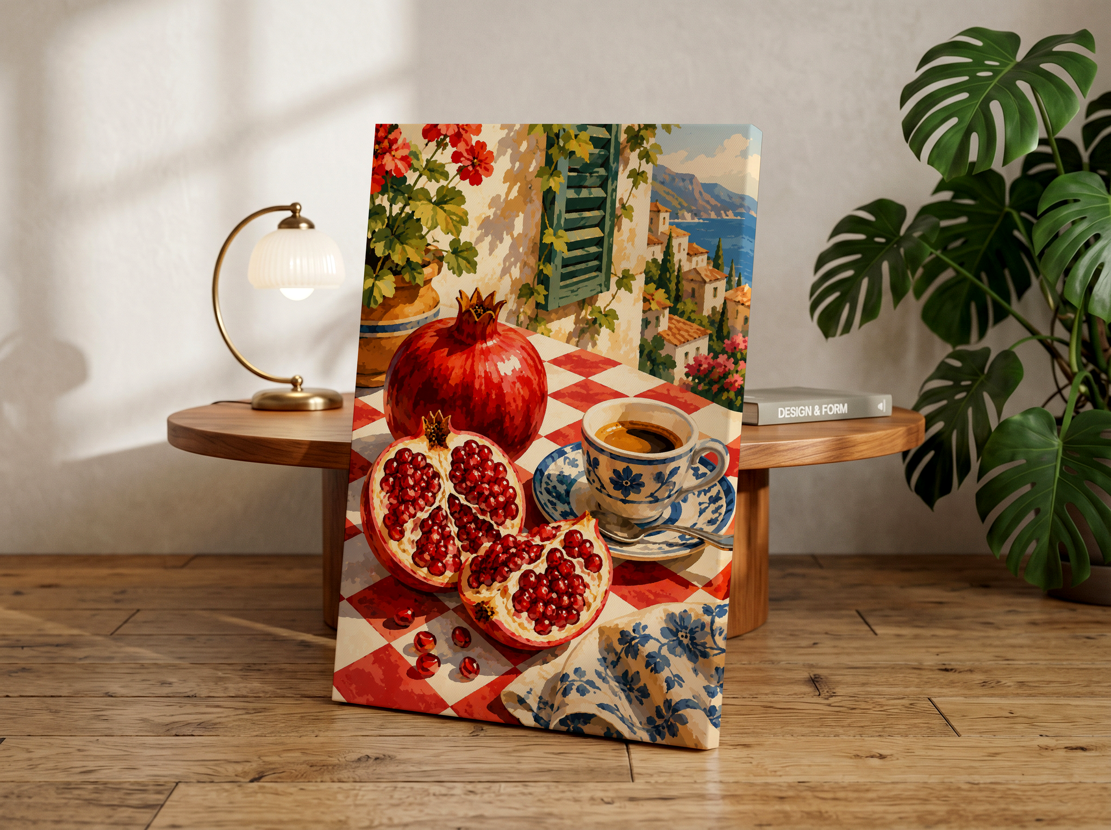 Pomegranate Breakfast Wall Art, Mediterranean Kitchen Print, Italian Coffee and Pomegranate Decor, Amalfi Coast Inspired Artwork, Coastal Fruit Illustration