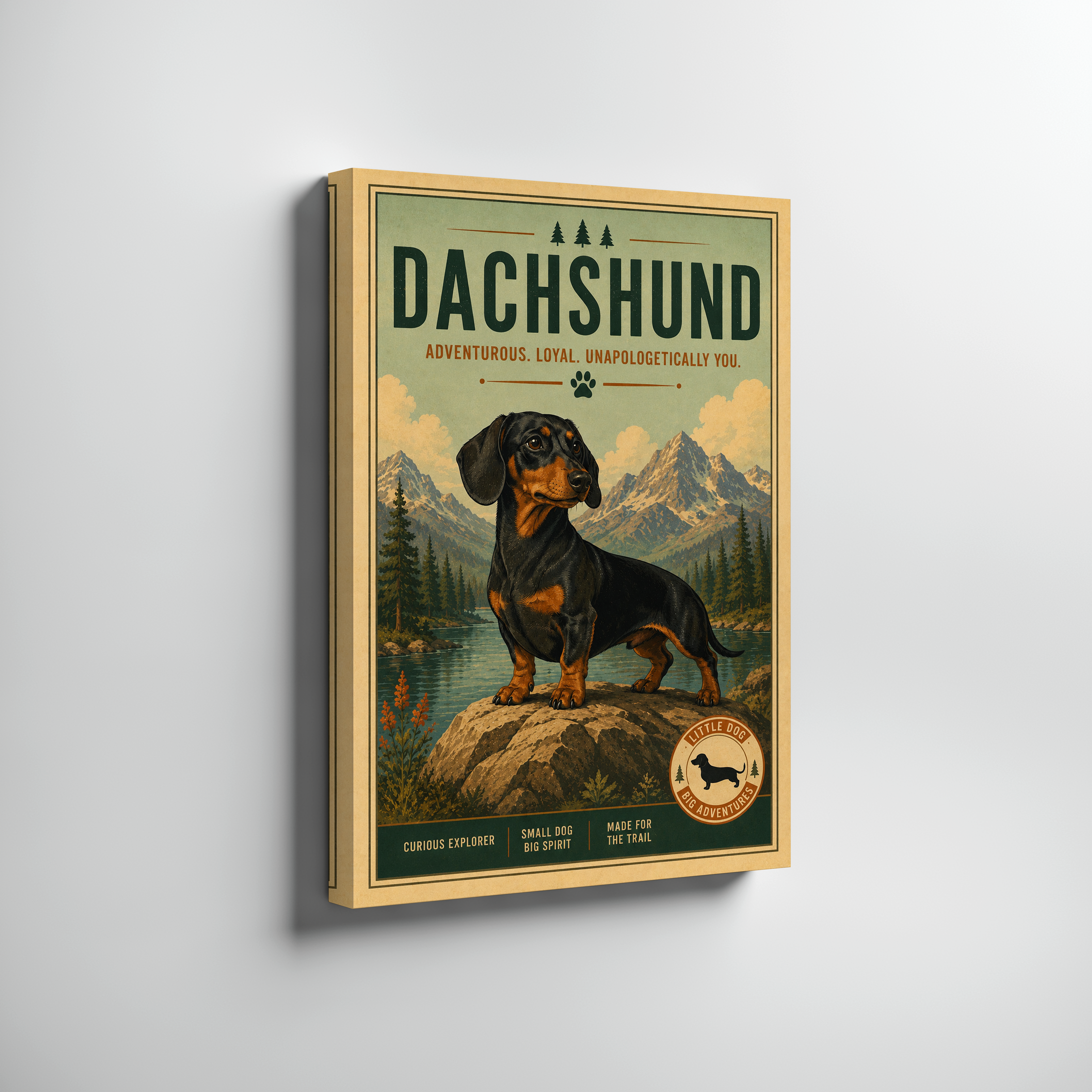 Retro Dachshund Adventure Poster or Canvas, Vintage Wiener Dog Wall Art, Rustic Mountain Pet Print, National Park Style Dog Decor