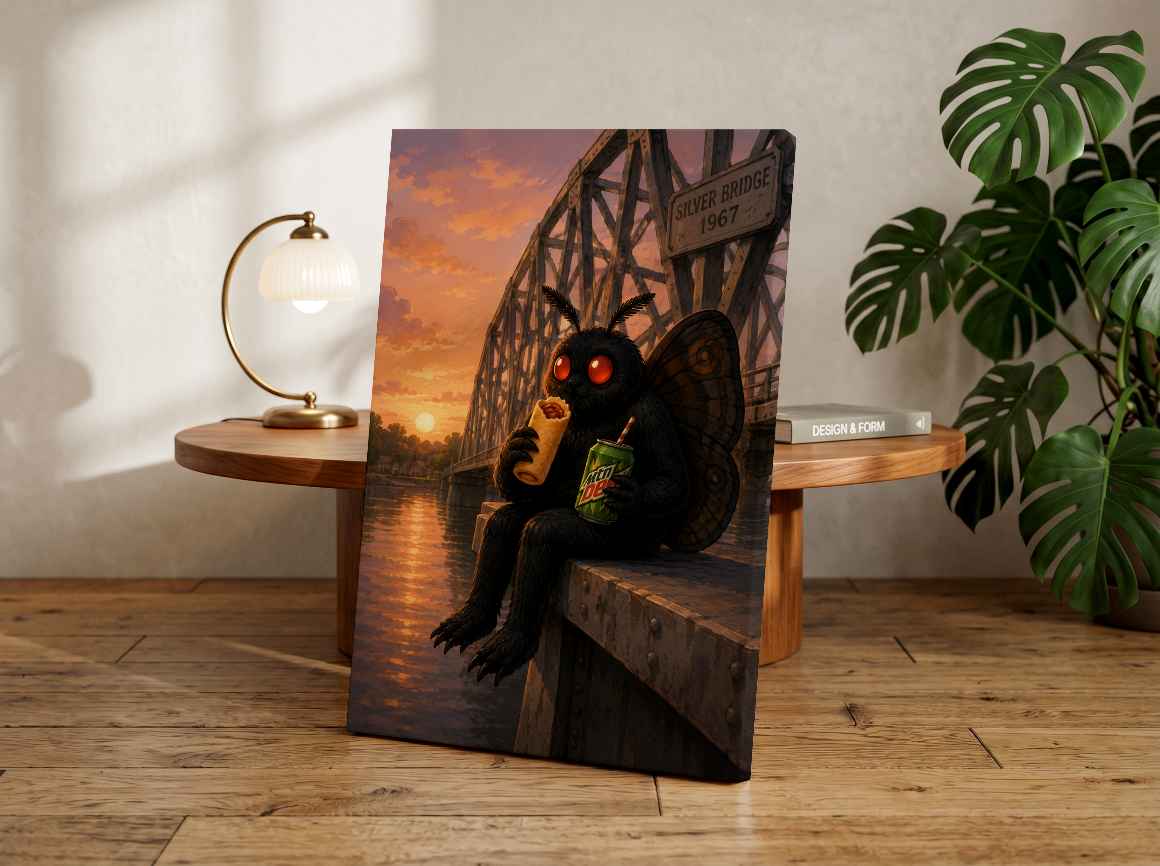 Funny Mothman Wall Art | Mothman with Pepperoni Roll & Mountain Dew | Point Pleasant West Virginia Decor | Cryptid Wall Art Print