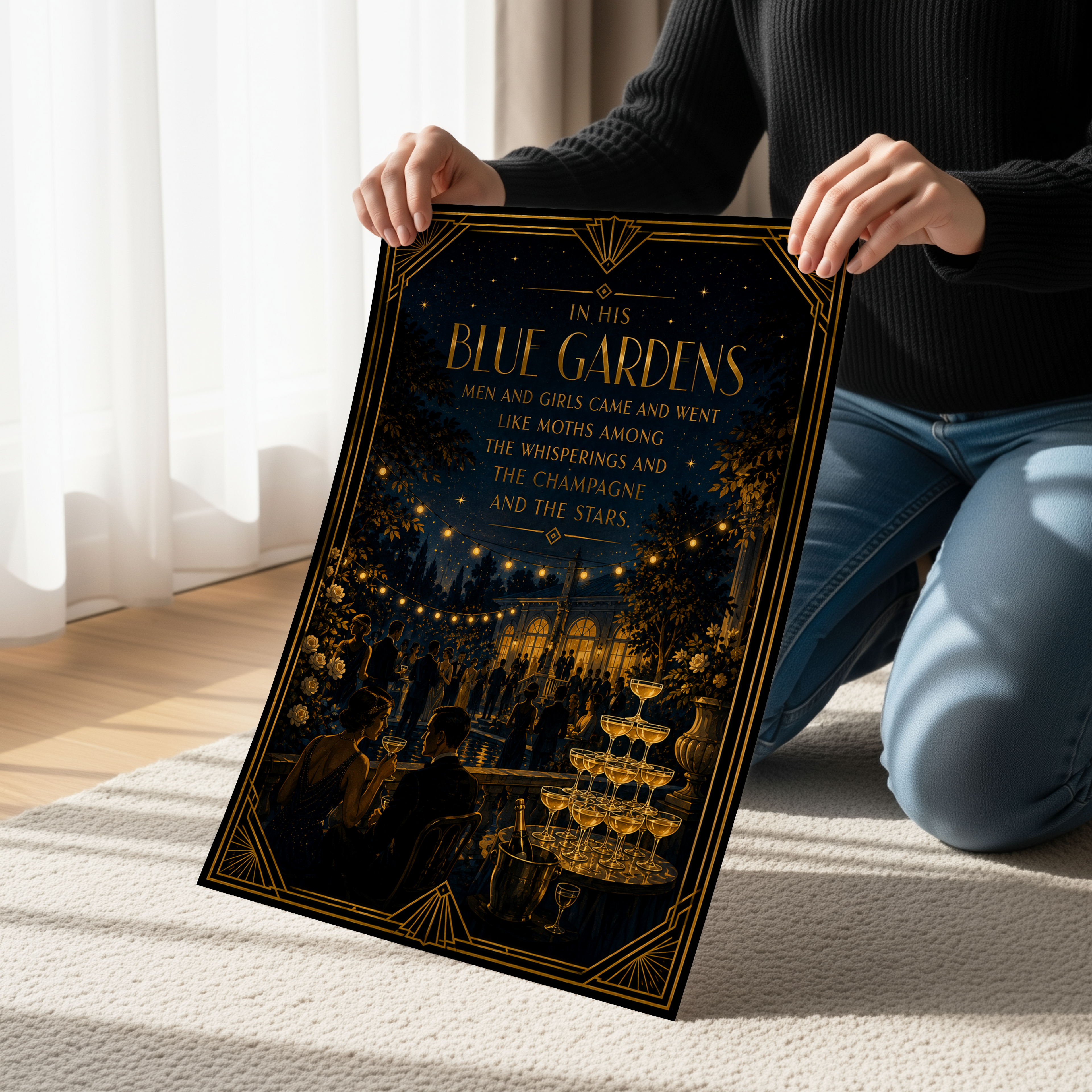 In His Blue Gardens Poster, Great Gatsby Inspired Wall Art, Art Deco Literary Quote Print, Roaring Twenties Garden Party Decor, Champagne & Stars Artwork