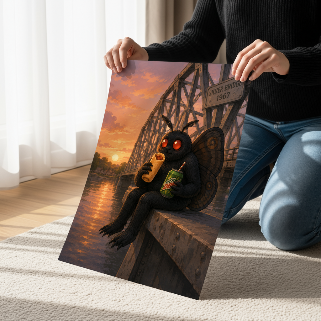 Funny Mothman Wall Art | Mothman with Pepperoni Roll & Mountain Dew | Point Pleasant West Virginia Decor | Cryptid Wall Art Print