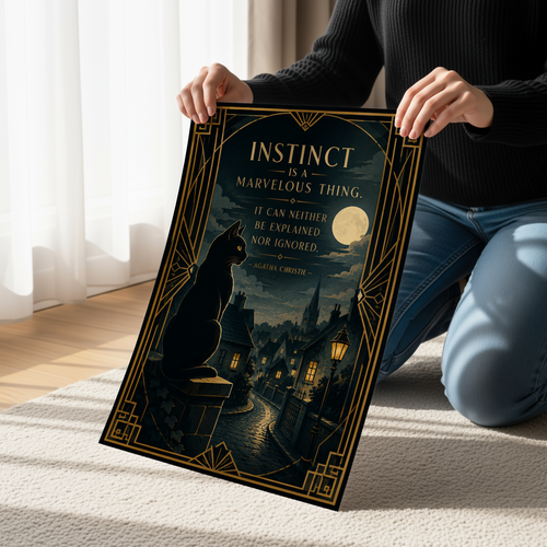Agatha Christie Quote Poster, Black Cat Wall Art, Art Deco Literary Print, Gothic Cottage Decor, Moonlit Village Artwork, Mystery Lover Gift