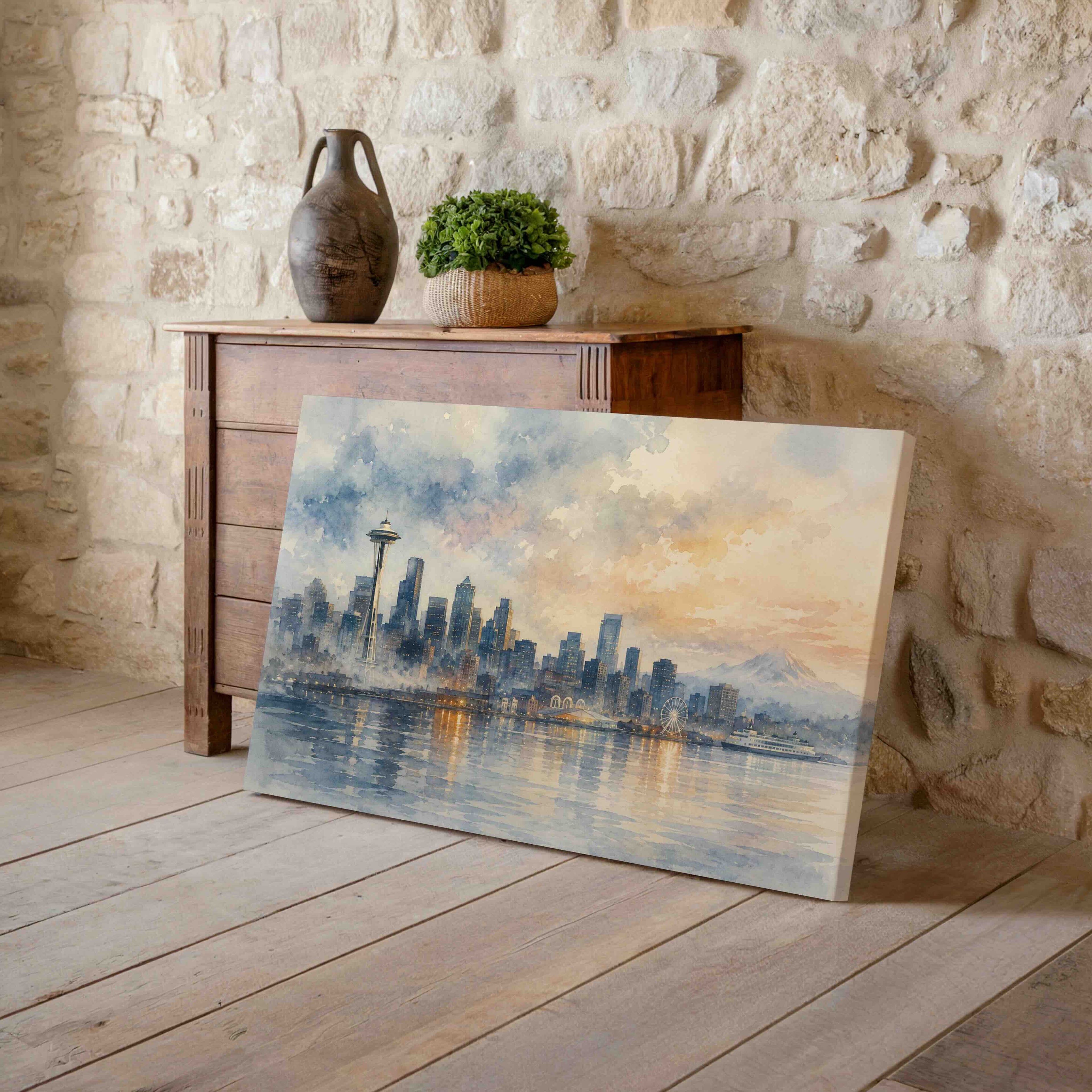 Seattle Skyline Watercolor Print | Space Needle Coastal City Wall Art