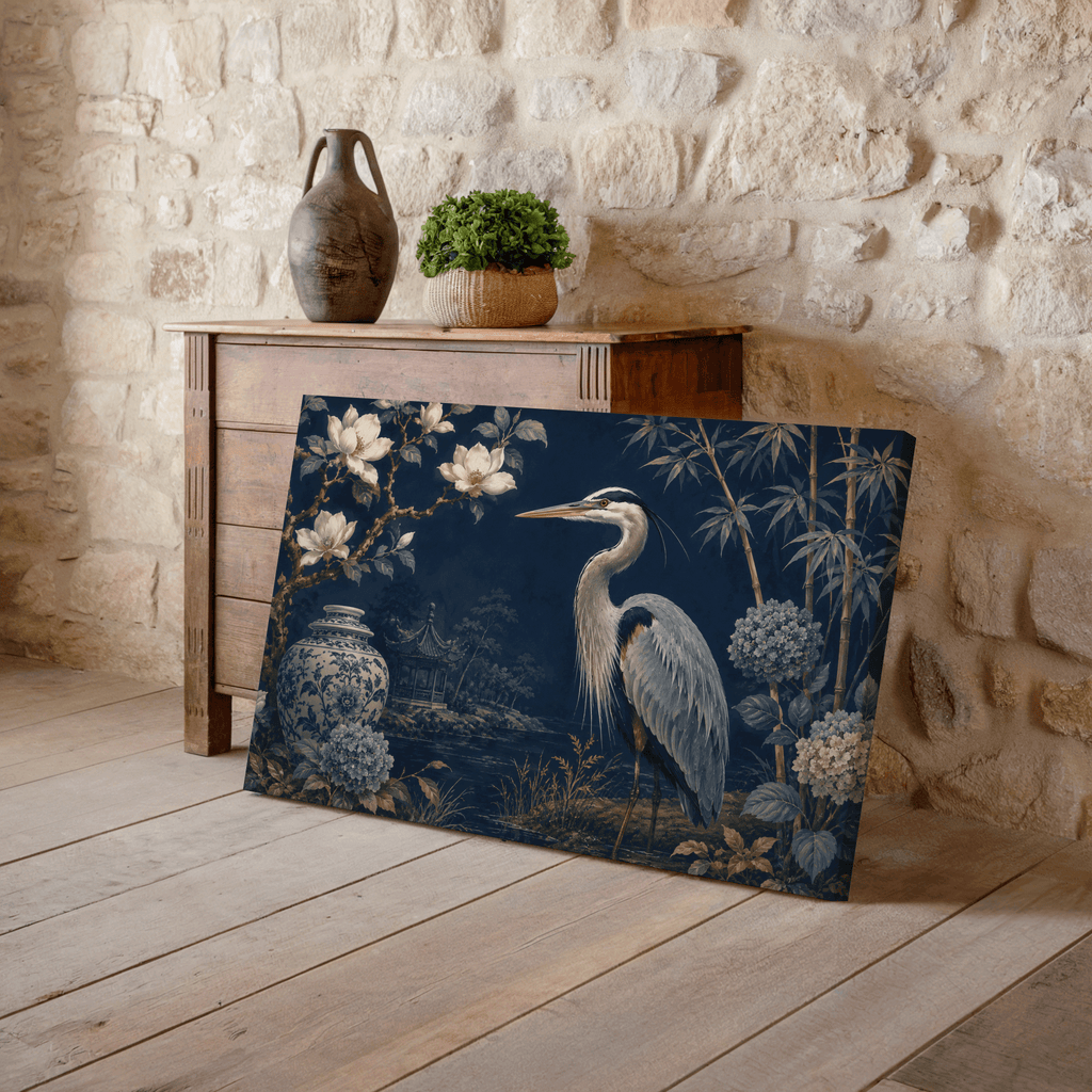 Chinoiserie Blue Heron Wall Art, Navy Coastal Decor, Elegant Ginger Jar Botanical Print