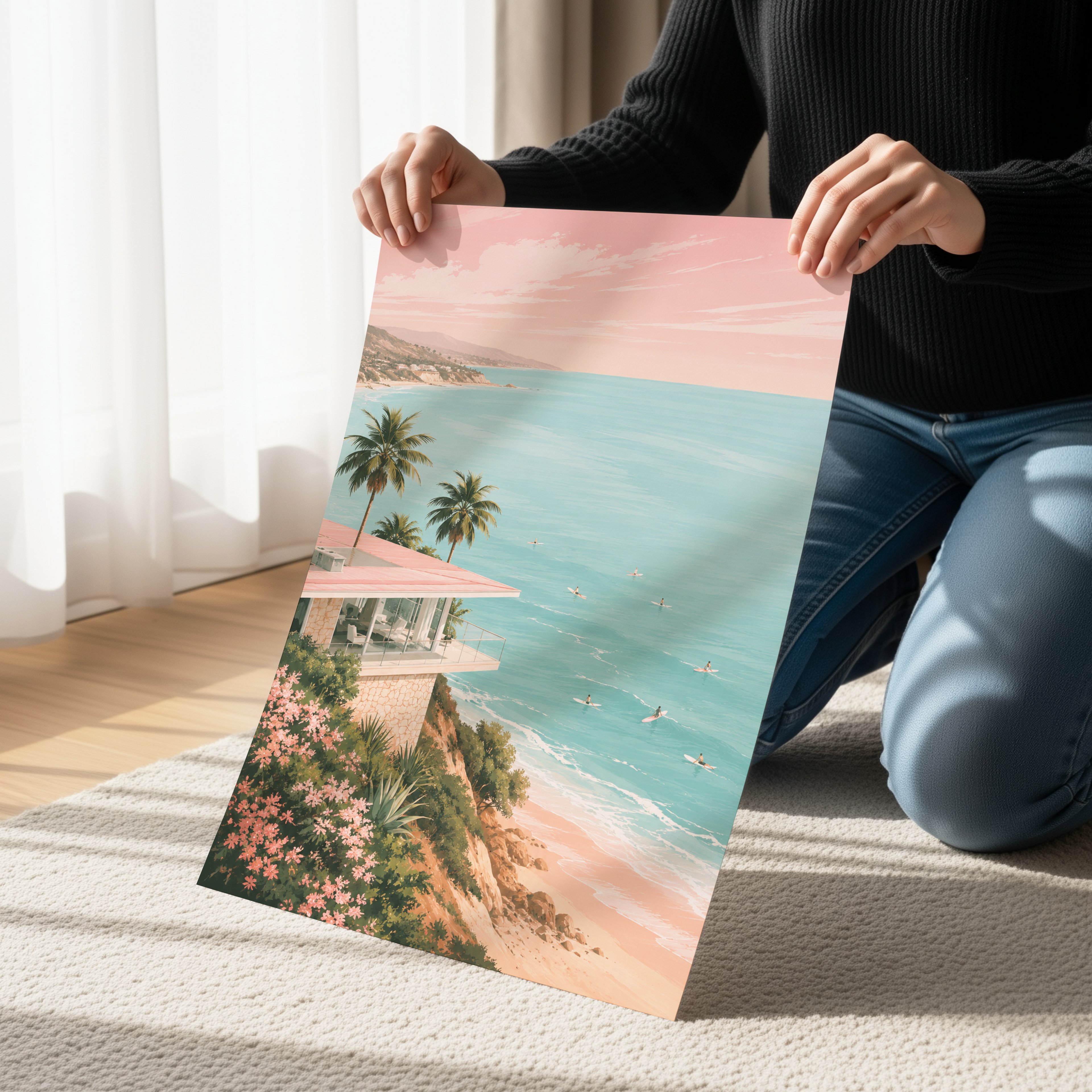 Coastal Beach House Wall Art, Luxury Coastal Decor, Pink Beach Print, Ocean View Artwork, Coastal Grandmillennial Decor, Surf Beach Wall Art