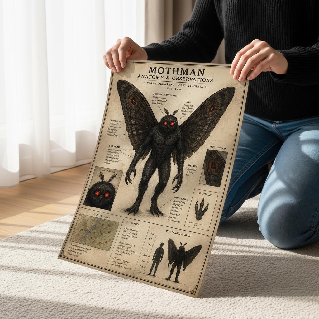 Mothman Anatomy Poster | Vintage Cryptid Field Guide | Mothman Wall Art | Point Pleasant West Virginia Print | Paranormal Science Chart