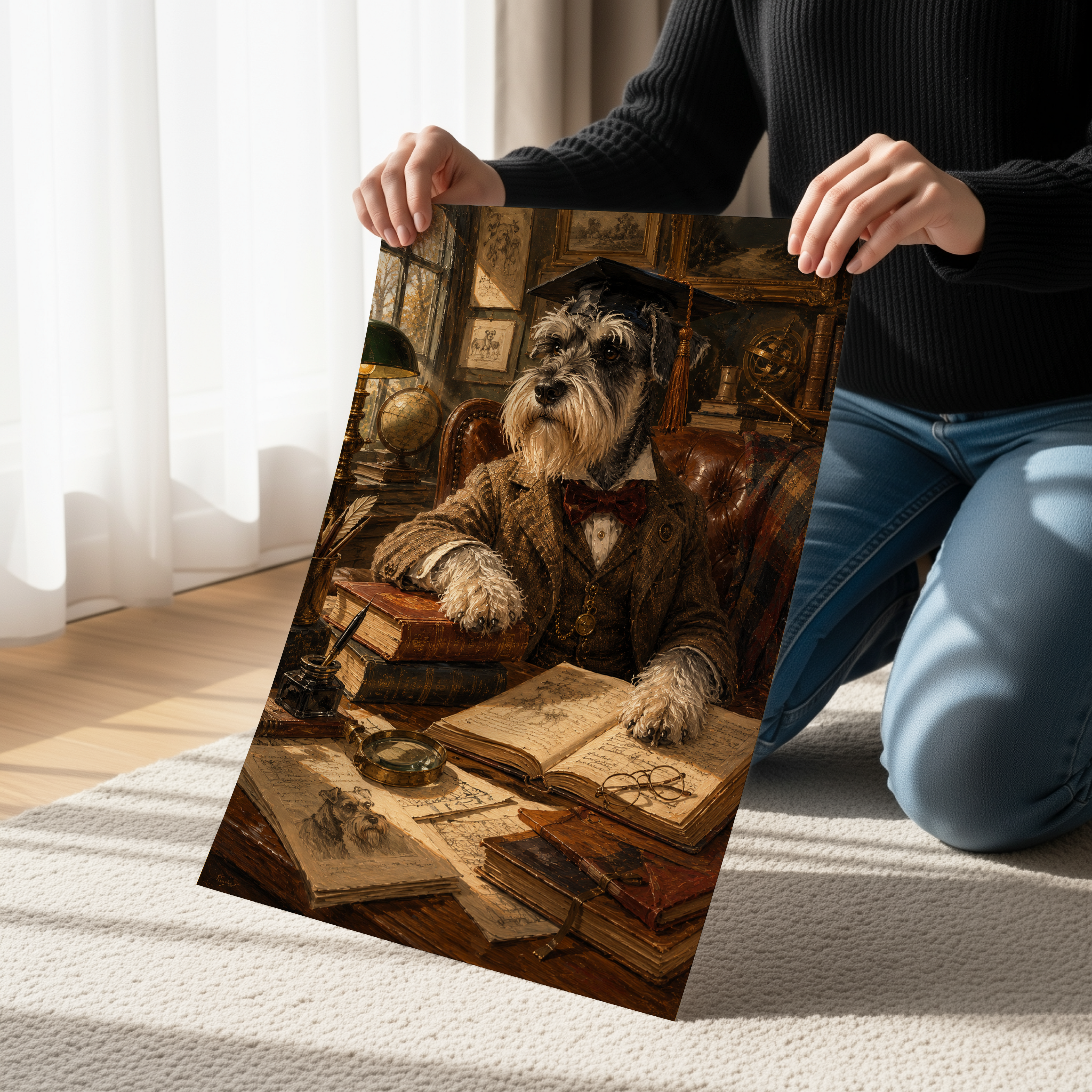 Miniature Schnauzer Professor Wall Art, Dark Academia Dog Portrait, Scholar Schnauzer Print, Library Decor, Vintage Study Artwork, Book Lover Gift