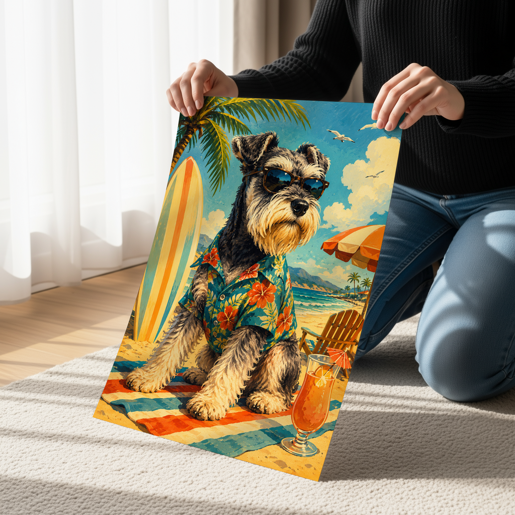 Miniature Schnauzer Beach Wall Art, Tropical Dog Portrait, Coastal Summer Decor, Surfing Schnauzer Print, Hawaiian Shirt Dog Art, Beach House Gift
